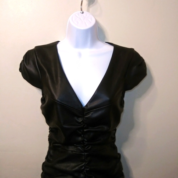 Zara Sexy Ruched Black Body-Con Faux Leather Dress - Picture 2 of 10